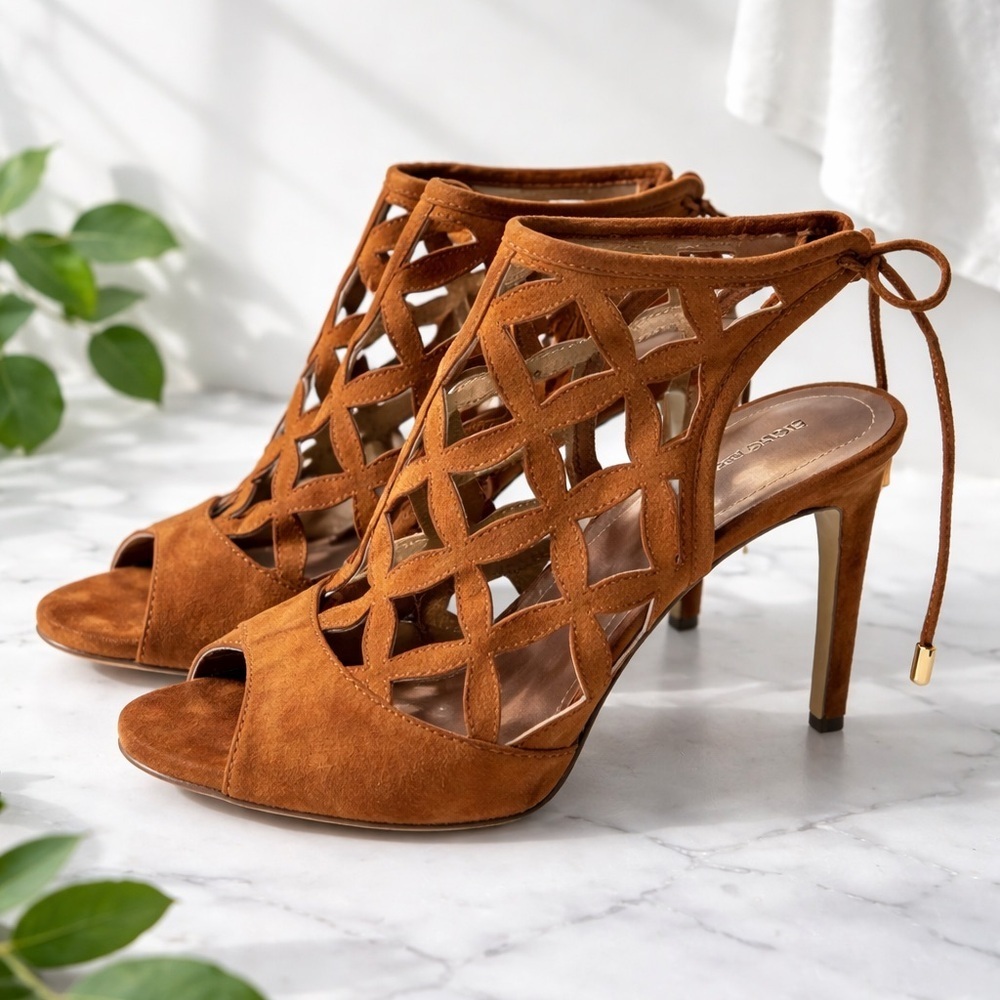 BCBGeneration Rust Brown Suede Laser-Cut Tie-Back Peep Toe Heels - Picture 2 of 4